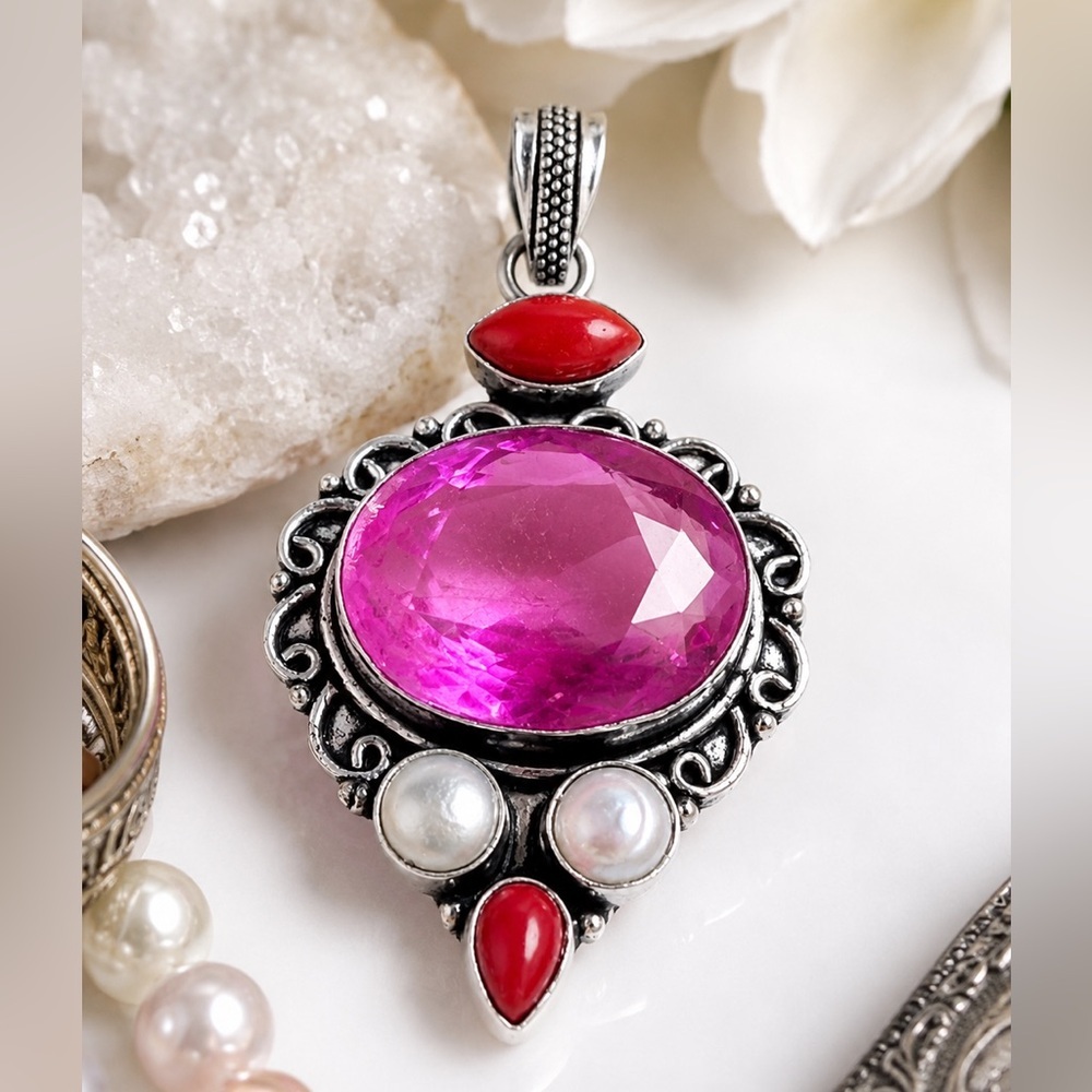 Artisan Handcrafted Jewelry Pink Crystal Pendant w/ Red Coral Accents and Pearls